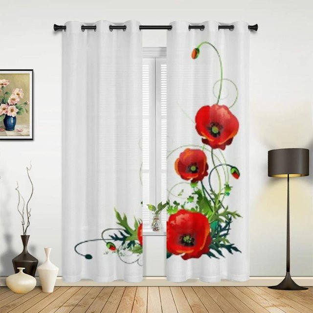 Moderne semi-transparente Fenstervorhänge von Super Six mit rotem Mohnblumen-Blumenmuster in Rot und Weiß, Breite: 135 cm, Höhe: 185 cm - Bild 1