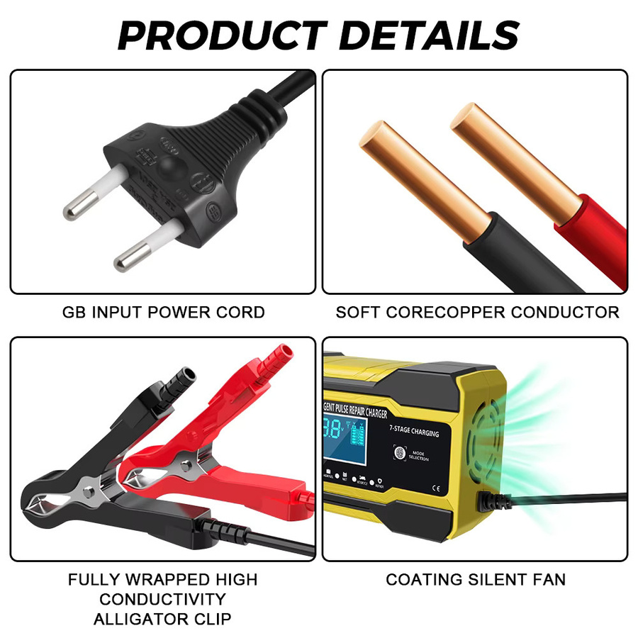 Intelligentes digitales Batterie-Ladegerät für Auto und Motorrad mit Display für 12V und 24V Blei-Säure-Batterien in Rot - Bild 6