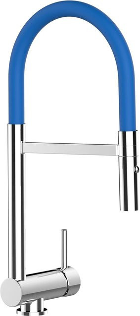 VIZIO Küchenarmatur für Vorfenster in Chrom mit blauem Akzent, umklappbar mit 360 Grad schwenkbarem Auslauf und abnehmbarer 2-Strahl Handbrause - Bild 1