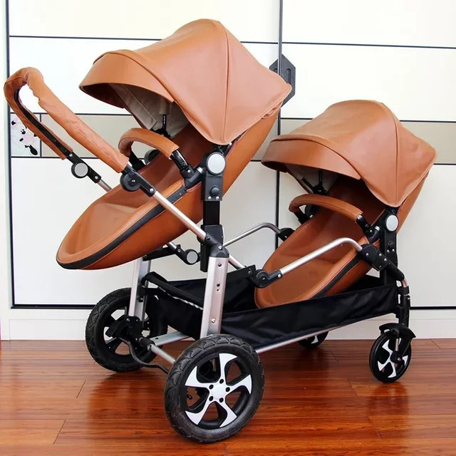 LUVCHAIN Doppelkinderwagen mit hoher Sitzposition und abnehmbarem Doppel-Eierschalen-Schlafkorb, faltbar, vierrädrig, Weiß-Braun - Bild 1