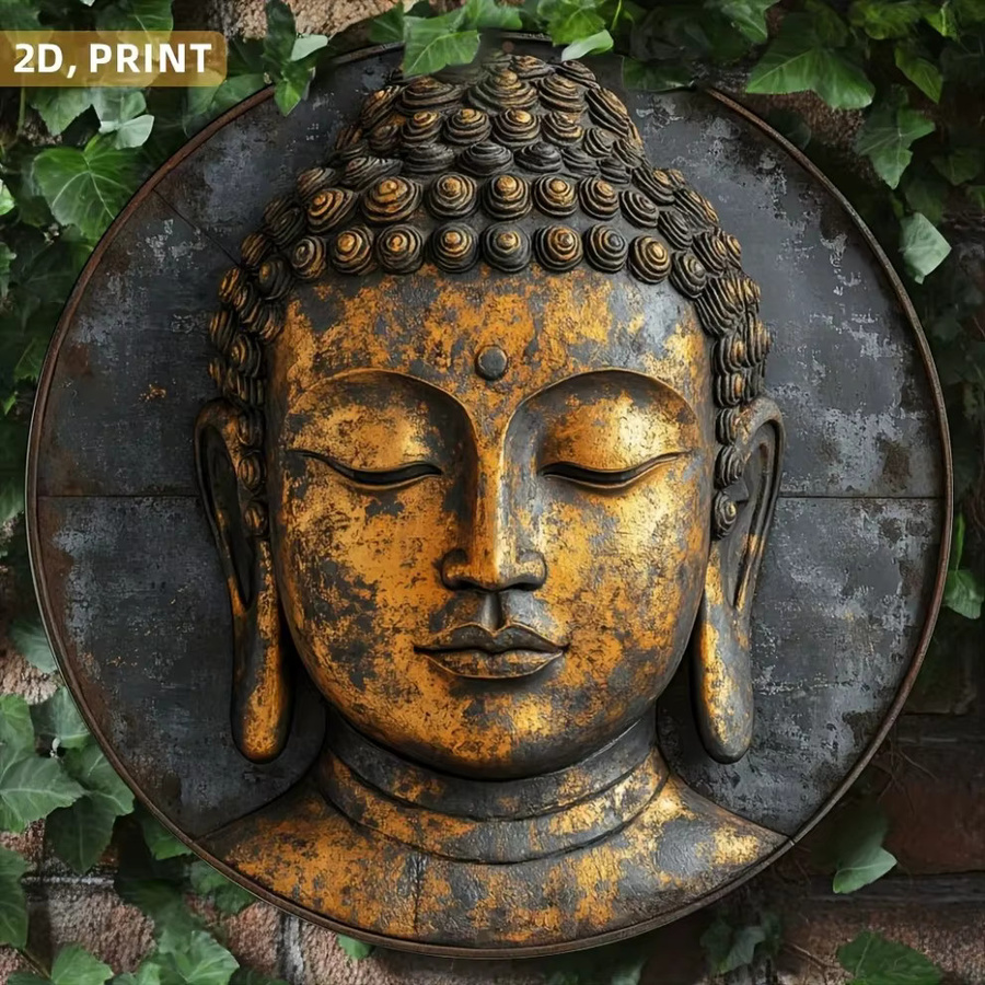 Hello Young Retro Buddha Wandkunst Gold Metallische Illustration Rund für Wohnzimmer und Büro - Bild 2