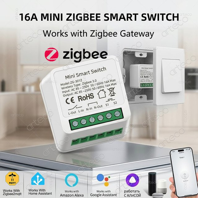Arteco Mini Zigbee 3.0 Smart Switch 16A DIY 2-Wege-Steuerung Smart Home Relais in Weiß - Bild 1