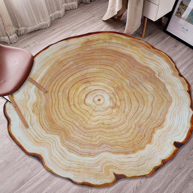 Runder Teppich von WTEMPO in Holzoptik mit 3D-Druck im nordischen Stil, Farbe Braun, Durchmesser: 120 cm - Bild 1