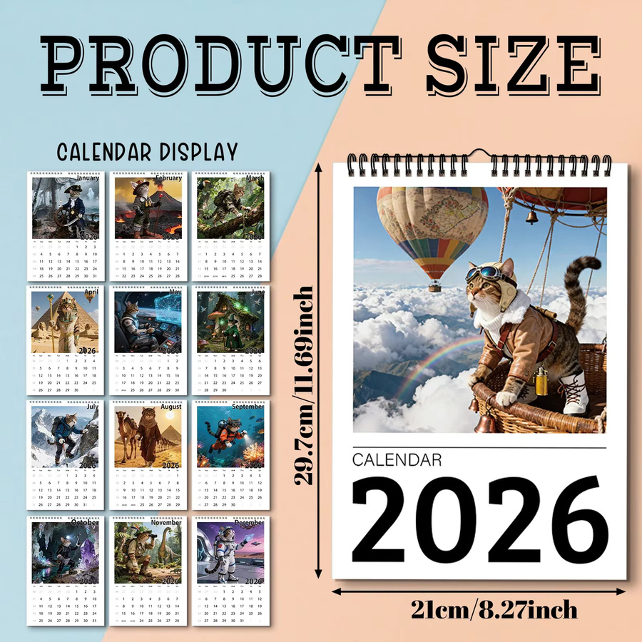 A4-Wandkalender 2026 mit süßen Katzen Motiven, 12 verschiedene Muster, Mehrfarbig - Bild 3