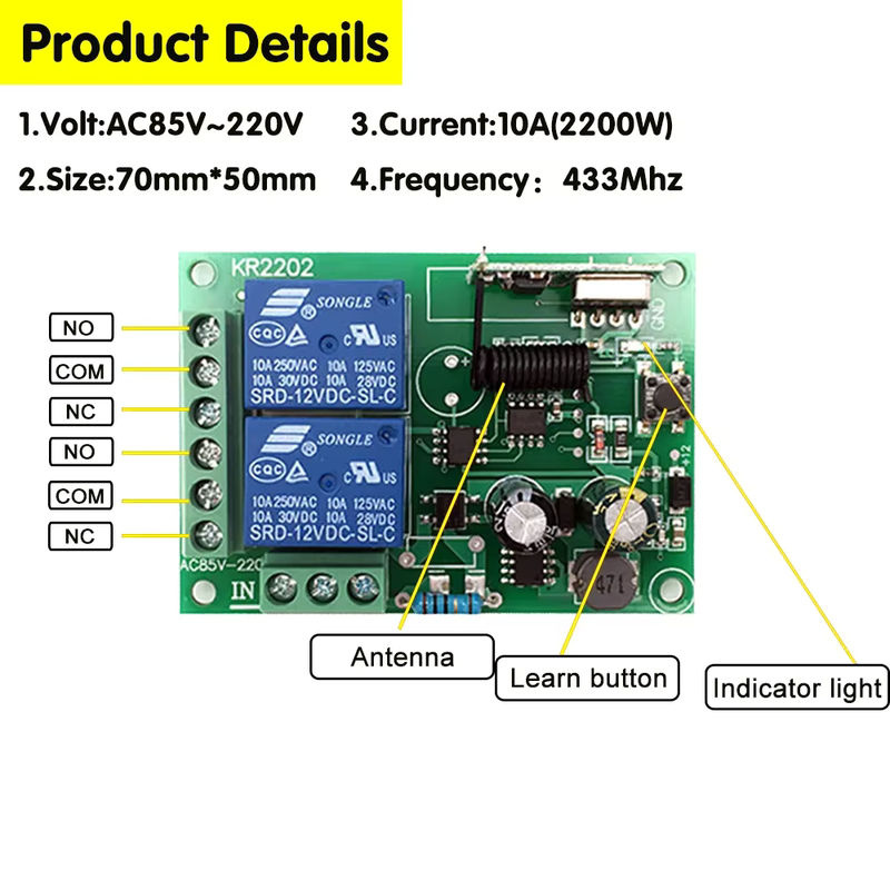 Tedeligo 433 MHz RF Funkfernbedienungsschalter mit 2-Kanal-Empfängermodul und AB-Sender für Licht, Tür oder Garagenmotor, AC110V 220V - Bild 4