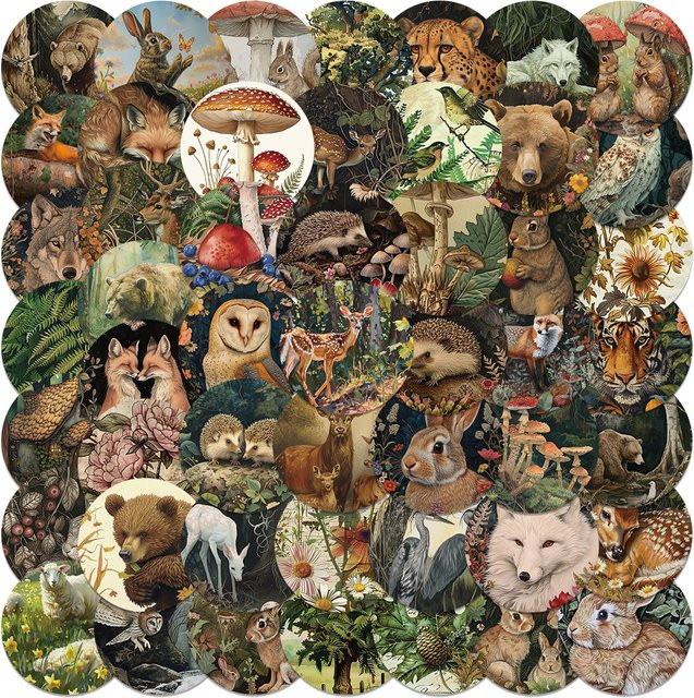 YIIMANNER Retro Cartoon Ästhetische Wald Pflanzen Tiere Aufkleber, 50 Stück - Bild 1