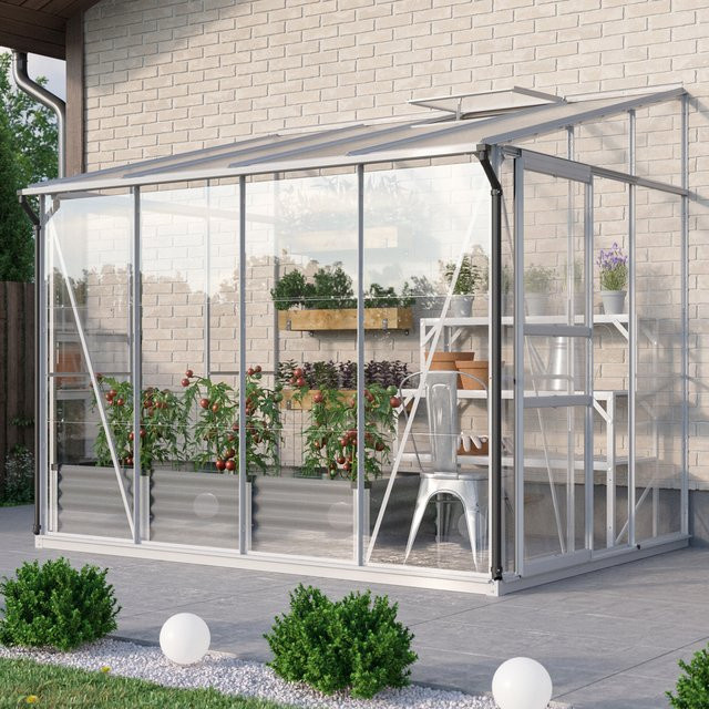 Vitavia Anlehn-Gewächshaus Osiris 5200 in Silber mit Aluminiumrahmen, 5,2 m², Pultdach, Doppelschiebetür und Polycarbonat-Dachfenster - Bild 1