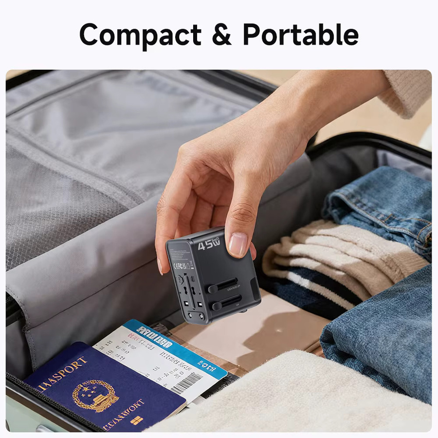 Toocki Universal-Reiseadapter GaN Schnellladegerät mit PD 45W USB-C, Schwarz, inkl. EU/UK/USA/AUS-Stecker - Bild 6