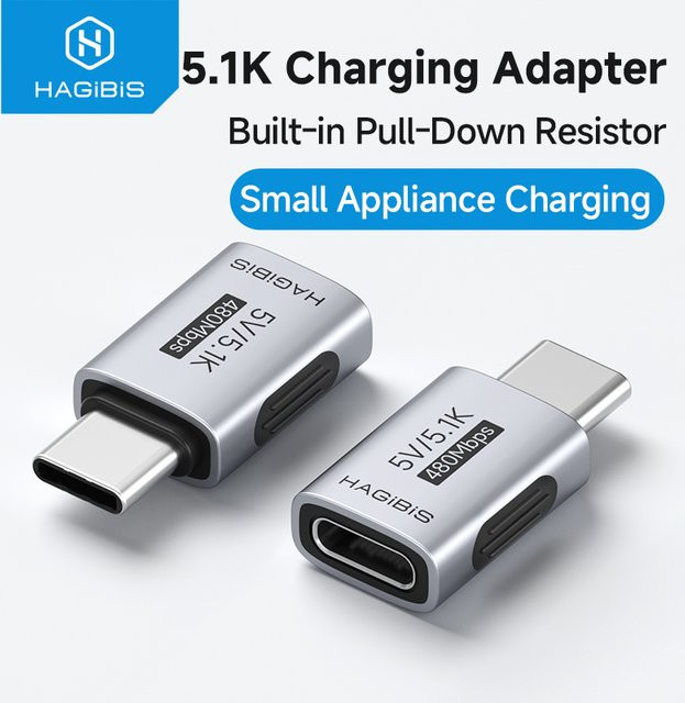 Hagibis USB-C-Ladeadapter mit 5.1k Widerstand, USB-C-Stecker auf USB-C-Buchse in Silber für Rasierer, Trimmer, Kopfhörer und Elektrowerkzeuge - Bild 1