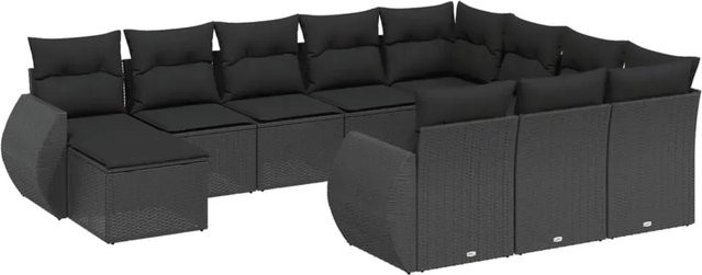 vidaXL 11-teilige Garten-Sofagarnitur in U-Form aus Polyrattan und Akazienholz mit Kissen in Schwarz - Bild 1