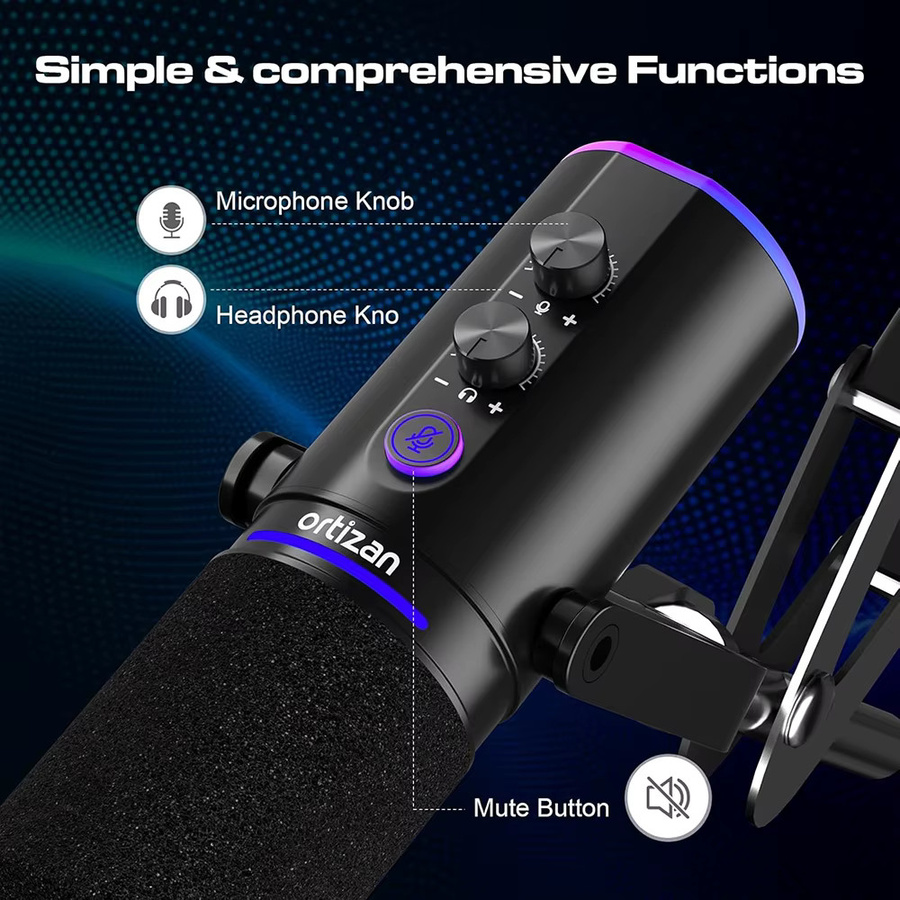 Ortizan Gaming Dynamisches XLR/USB-Mikrofon in Schwarz mit RGB-Beleuchtung, Stummschalttaste und Gain-Regler für PC und Tablet - Bild 2