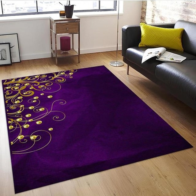 Moderner Teppich Karpetti mit abstraktem Design in Lila, Gold und Braun, B/T: 90 x 60 cm - Bild 1
