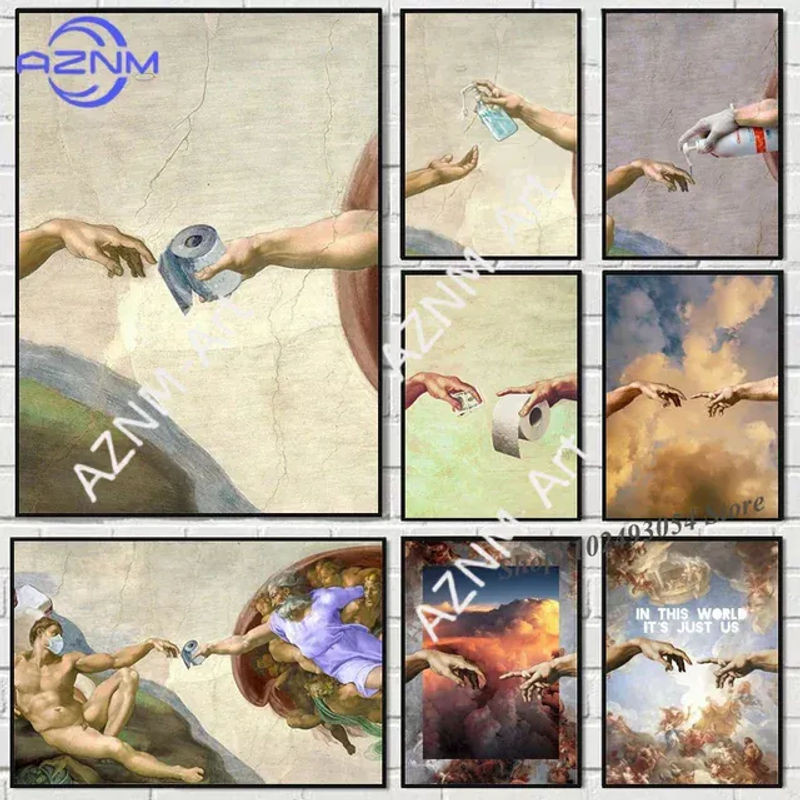 KAYOU Wandkunst Hand Gottes und Adam Leinwanddruck im Vintage-Stil, mehrfarbig, Hochformat - Bild 1