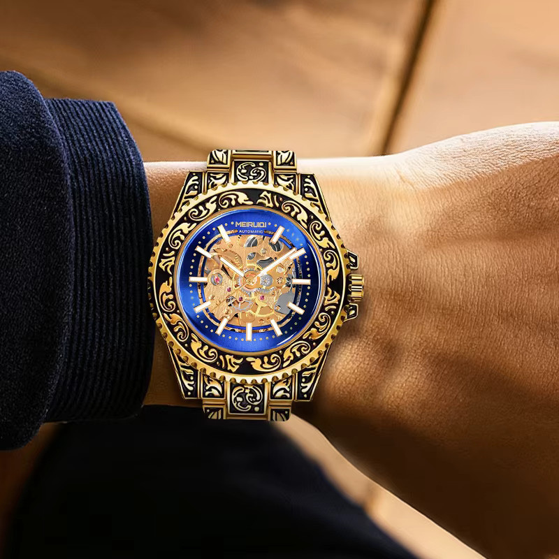 MEIRUIQI Tourbillon-Uhr, Analoguhr, Messing, Gold, Blau, Herren, Vintage - Bild 4