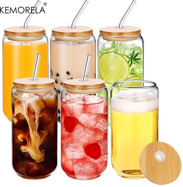 KEMORELA Glas-Tumbler Set mit auslaufsicheren Deckeln, Trinkhalmen und Reinigungsbürsten, transparent, 500 ml - Bild 1