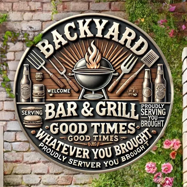 GrillPartyPro Rundes Metallschild für Barbecue und Bier als Deko für Zuhause, Bars und Terrasse, Durchmesser: 20 cm - Bild 1