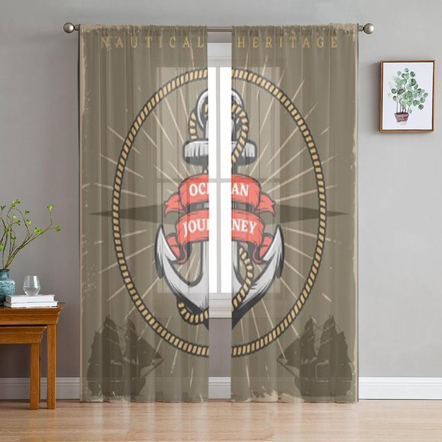 Super Six Transparenter Tüll-Fenstervorhang Vintage Sailor Marine Design in Grau, Breite: 135 cm, Höhe: 114 cm - Bild 1