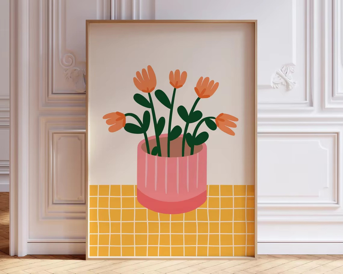 Moderne Wandkunst SHENCHEN Blumenvase-Druck als digitaler Download mit handgezeichneten Tulpen in Rosa und Orange - Bild 2