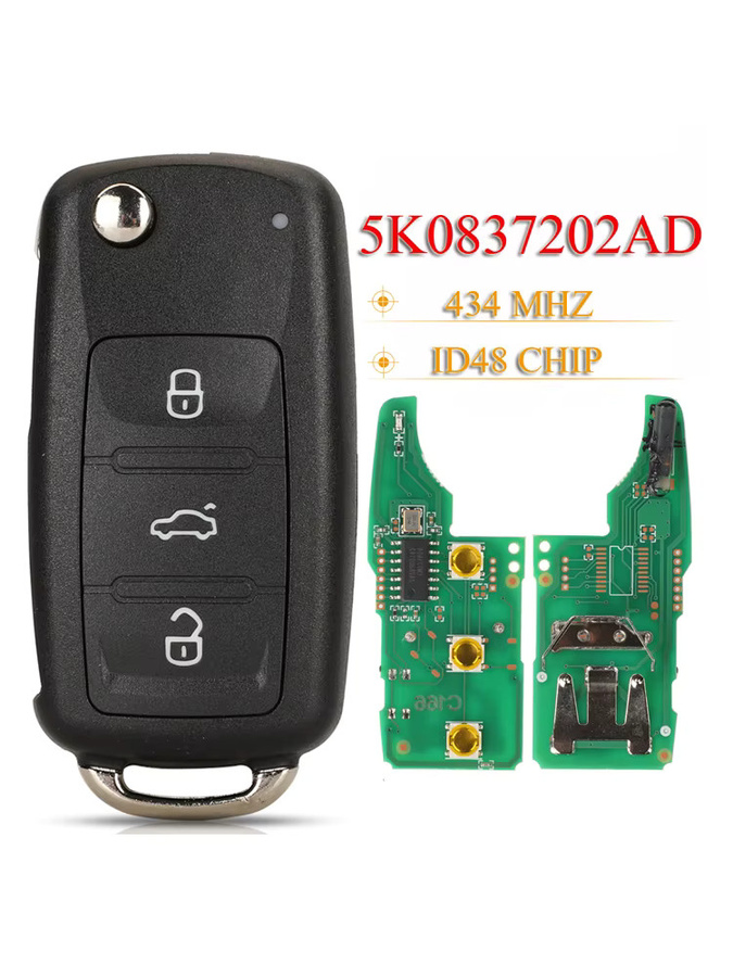 Jingyuqin 3-Tasten-Fernbedienungsschlüssel 434 MHz mit ID48-Chip in Schwarz für VW Golf Tiguan Polo Passat CC Jetta Beetle (5K0837202AD) - Bild 5