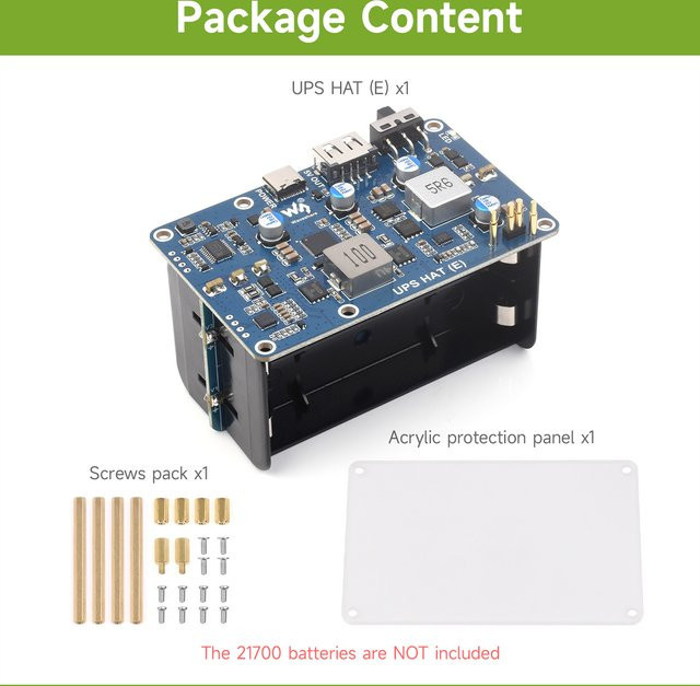 Waveshare USV HAT (E) für Raspberry Pi mit USB-C bidirektionalem Schnellladen, 5 V 6 A, unterstützt 4 x 21700 Li-Batterien - Bild 1