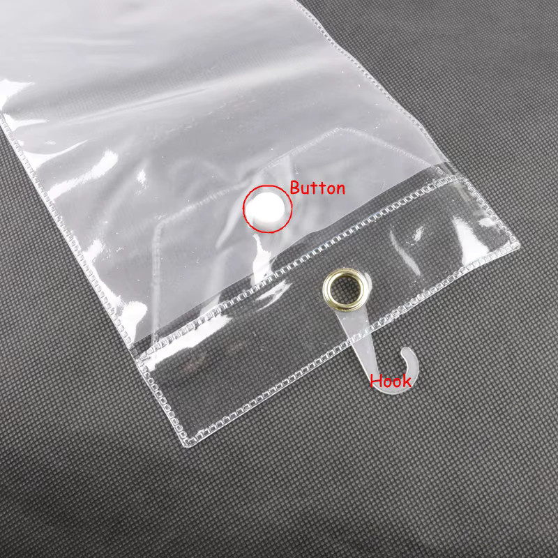 5er Set transparente PVC-Verpackungstaschen für Haarverlängerungen mit Druckknopf und Haken, 14 bis 24 Zoll - Bild 3