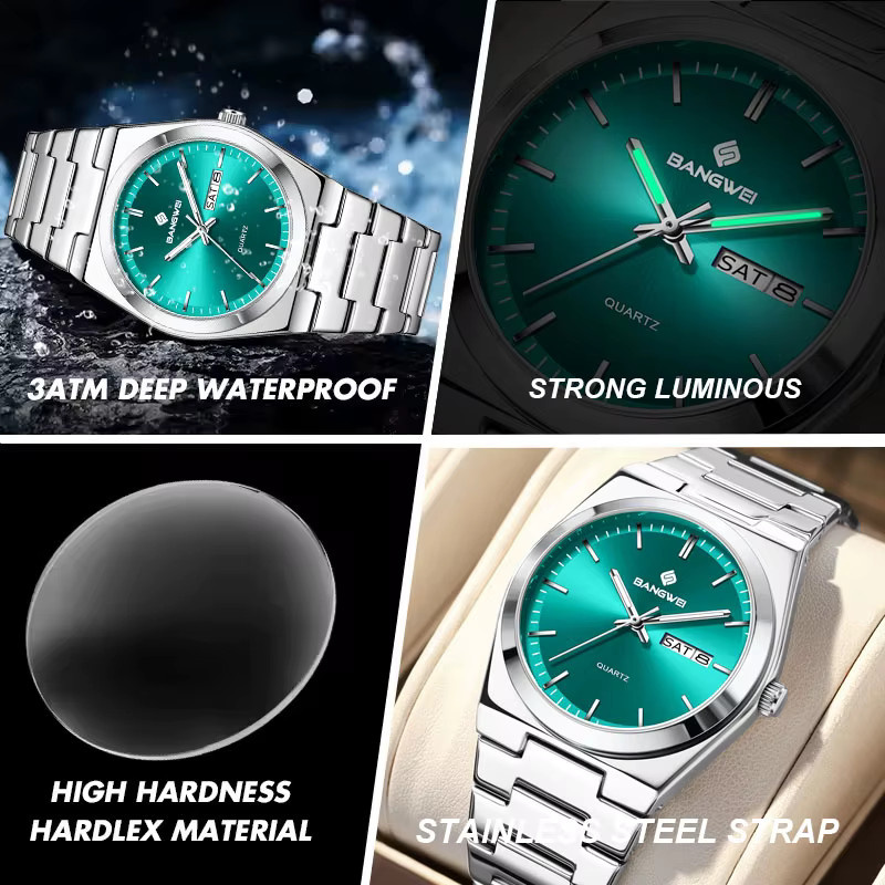 BANGWEI Armbanduhr Quarz, Edelstahl, Grün, Orange, Herren - Bild 3