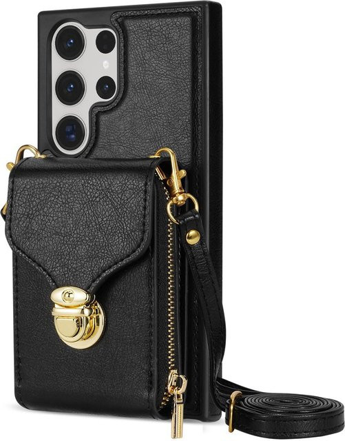 Lanyard Ledertasche mit Crossbody-Riemen und Geldbörsenhülle für Samsung Galaxy S26 S25 S24 S23 S22 S21 sowie A56 A54 in Schwarz - Bild 1
