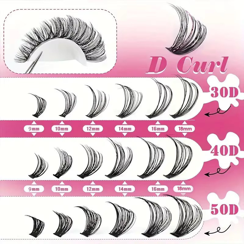 MIAOJIE Wimpernverlängerungsset, Wimperncluster, D-Curl, 9–16 mm, Black - Bild 4