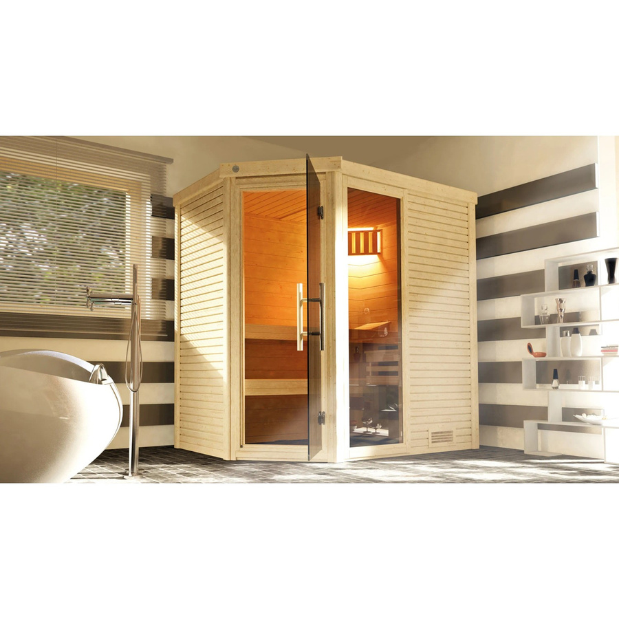 WEKA Massivholzsauna Cubilis Eck 1 für 6 Personen in Braun mit 4,5 kW Ofen und externer Steuerung - Bild 2