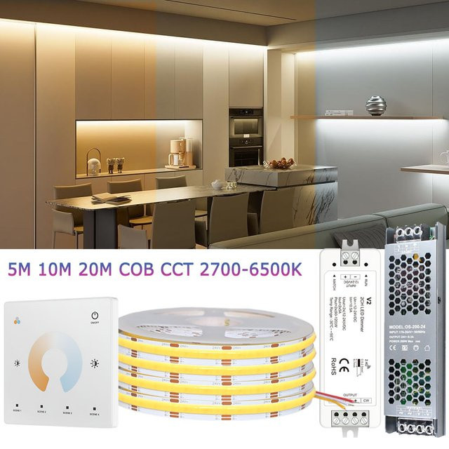 CENFAYA COB CCT LED-Streifen 24V mit Fernbedienung, dimmbar, Dual-Weiß 2700K-6500K, Farbe: Weiß - Bild 1