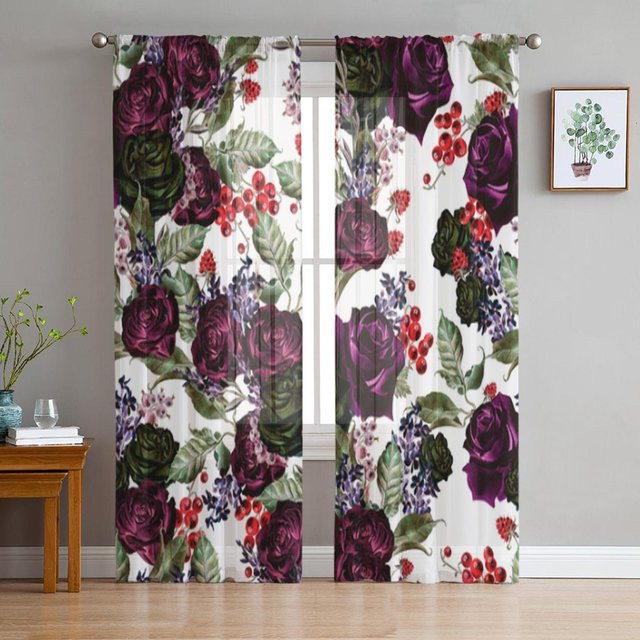 A Family Of Home Textiles Transparent Voile Tüllvorhang mit Aquarell Rosen und Lavendelblüten, B/H: 135 x 137 cm - Bild 1