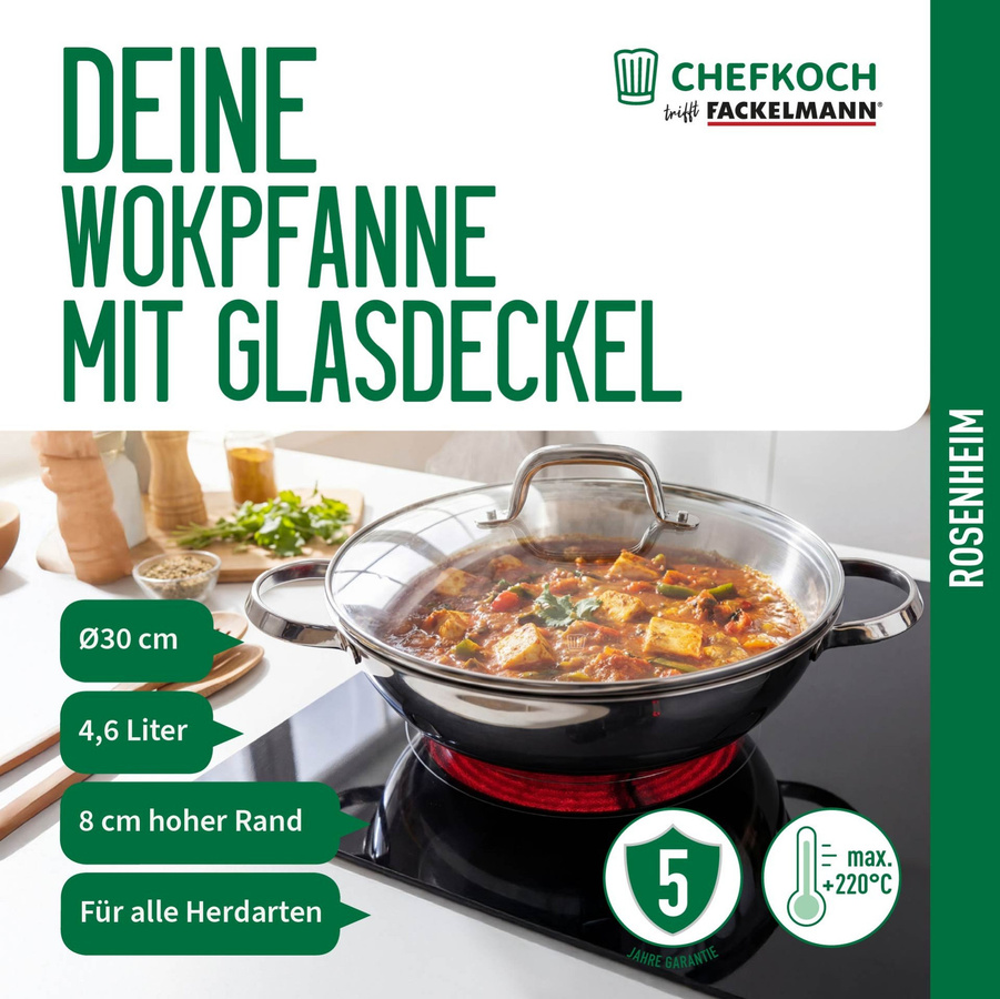 Fackelmann Wokpfanne Rosenheim mit Deckel, Silber, Durchmesser: 30 cm - Bild 3