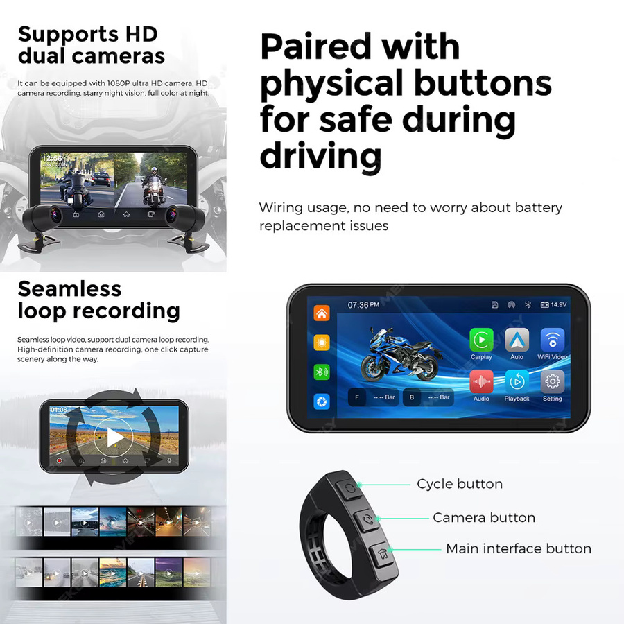 Navifly Motorrad GPS Navigation mit 6,25 Zoll Display, kabelloses CarPlay und Android Auto, Dual Bluetooth, 1080P Kamera Recorder, IP67 wasserdicht, Schwarz - Bild 5