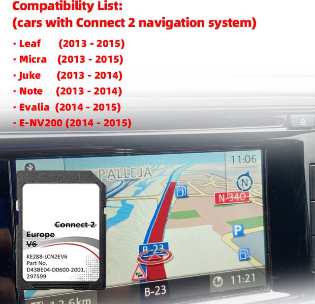 Connect2 V6 SD-Karte für Nissan Leaf Juke Note zur Autonavigation mit GPS-Abdeckung Europa und Country Road Details - Bild 1