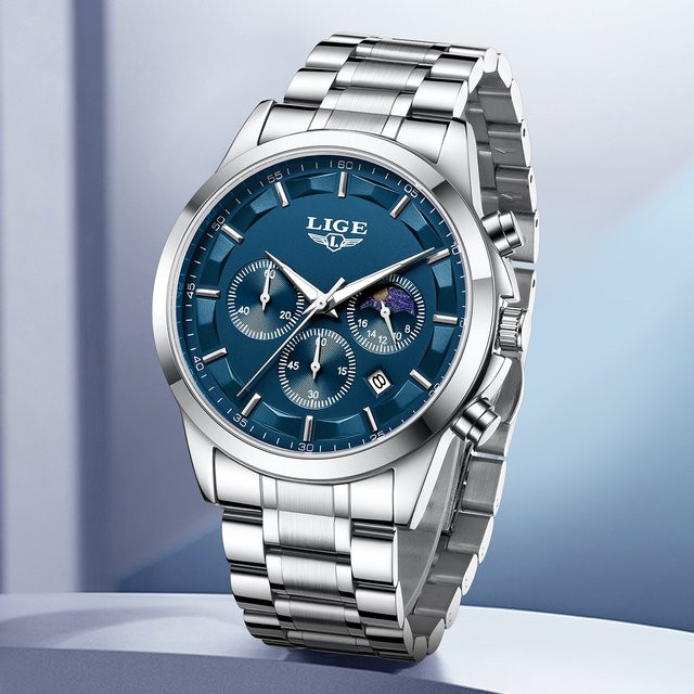 LIGE Armbanduhr Quarz, Edelstahl, Blau, Herren - Bild 1