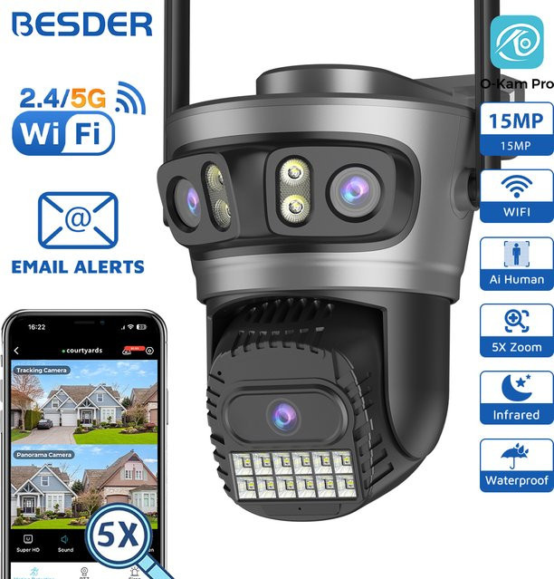 BESDER 15 MP WLAN-IP-Kamera PTZ mit 180 Grad Weitwinkel, Auto-Tracking, 5-fachem Digitalzoom und O-Kam Pro App Unterstützung - Bild 1