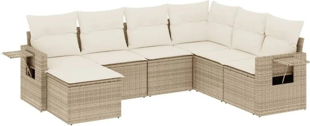 vidaXL 7-teilige Garten-Sofagarnitur in L-Form aus Poly-Rattan mit Kissen in Beige-Creme - Bild 1