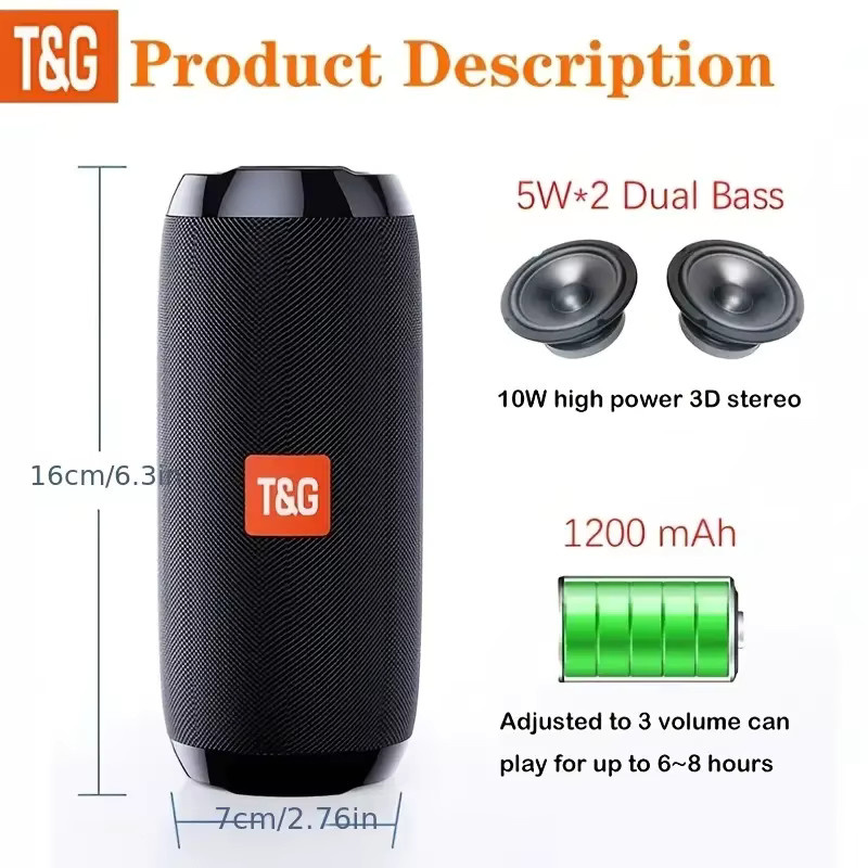 T&G TG117 Tragbarer Outdoor-Bluetooth-Lautsprecher in Schwarz mit IPX4-Schutz, Mikrofon, FM, TF-Karte und USB-Anschluss - Bild 2