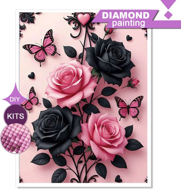 Huacan Rosen-Diamant-Stickerei Gemälde mit Schmetterling-Motiv zur Wanddekoration B: 30,0 cm, H: 20,0 cm - Bild 1