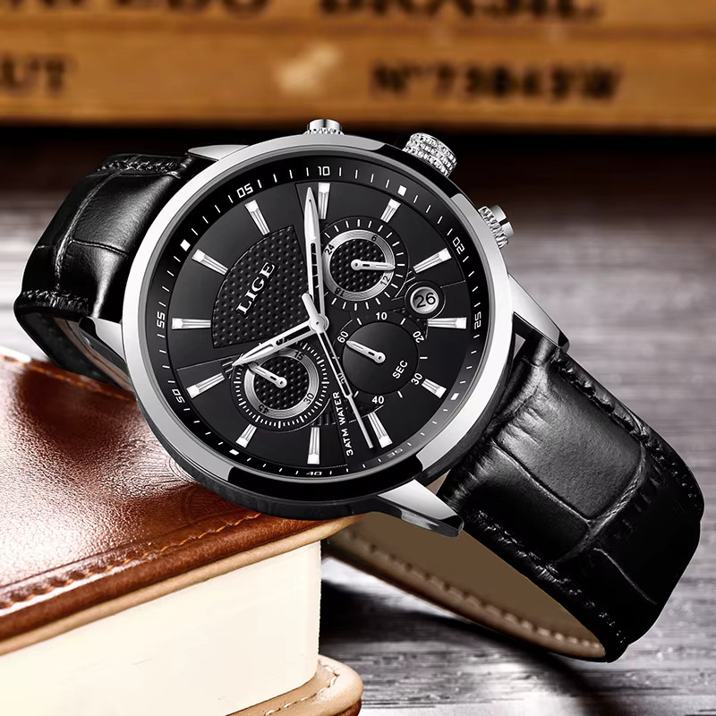 LIGE Armbanduhr Quarz, Leder, Schwarz, Herren, Wasserdicht - Bild 4