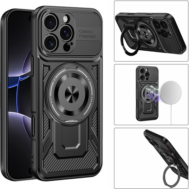 Magnetische Stoßfeste Hülle mit Ringhalter für iPhone 16 Pro Max, iPhone 16 Pro und iPhone 16 Plus, MagSafe kompatibel, Schwarz - Bild 1