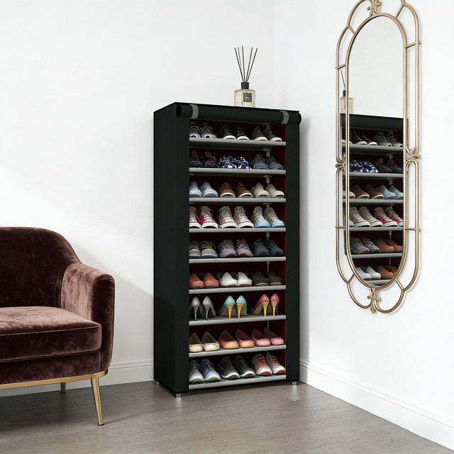 Schwarzes Schuhregal mit staubdichter Rolltür in modernem Design für Flur, Schlafzimmer und Wohnzimmer - Bild 1