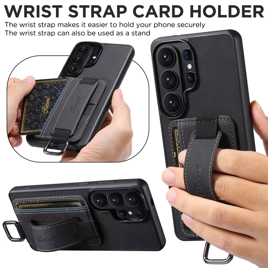Samsung Kunstleder Handyhülle mit Kickstand, Handschlaufe und Brieftaschenfunktion in Schwarz für Galaxy S26 Ultra S25 Plus S24 S23 S22 Note20 Ultra - Bild 3