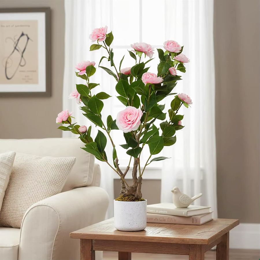 Garvee Künstliche Kamelie in Pink mit 16 Blüten im Topf, Dekorative Kunstpflanze für Innen und Außen, Höhe: 75 cm - Bild 5