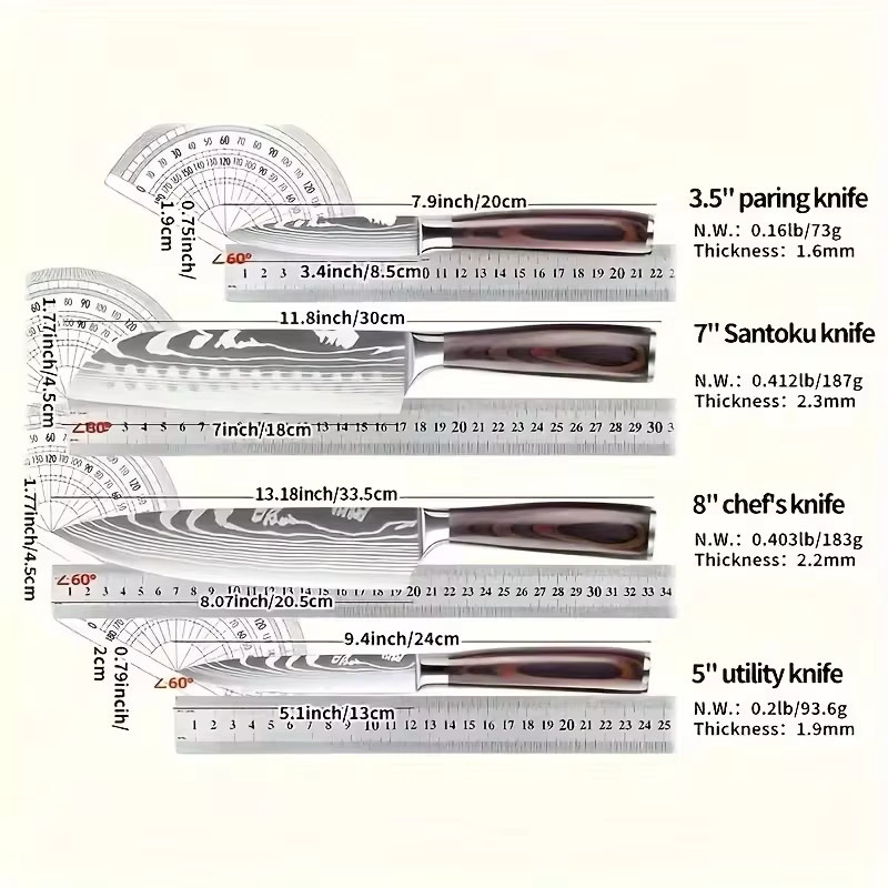 DFITO 4-teiliges Küchenmesser-Set aus Edelstahl in Silber, ultrascharfe japanische Profi-Messer mit Damaszener-Muster inklusive Santoku-Messer - Bild 6
