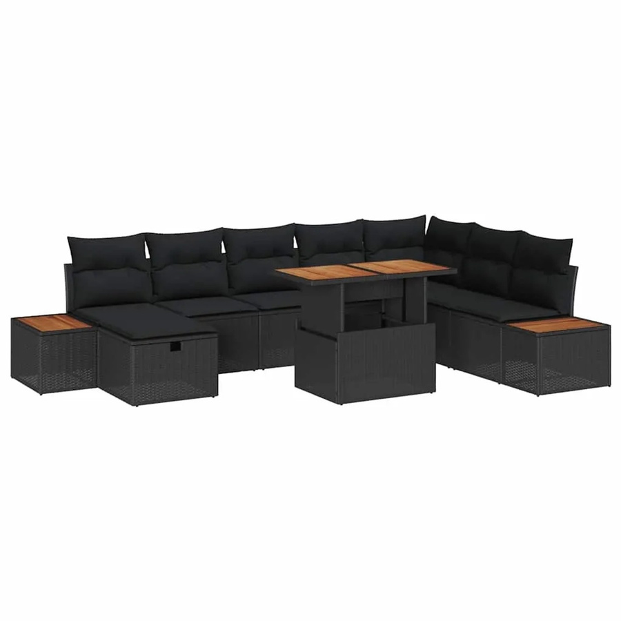 vidaXL Garten-Sofa-Set aus Polyrattan in Schwarz, 9-teiliges L-Shape Lounge-Set mit Kissen, Ottomane und Couchtisch für Garten, Balkon oder Terrasse - Bild 2