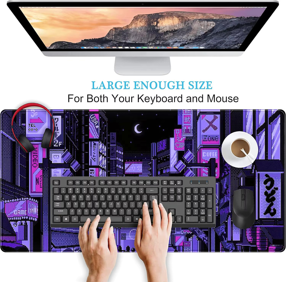 Tokyo Street Purple Neon Pixel Mauspad – Retro japanische Anime Schreibtischunterlage für Gaming und ästhetische Dekoration in Lila - Bild 3
