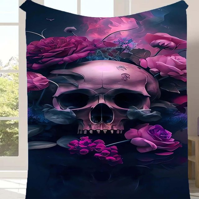 YglSeven Flanell-Überwurfdecke mit Rose und Totenkopf Druck, weich und warm, B/B: 130 x 150 cm - Bild 1