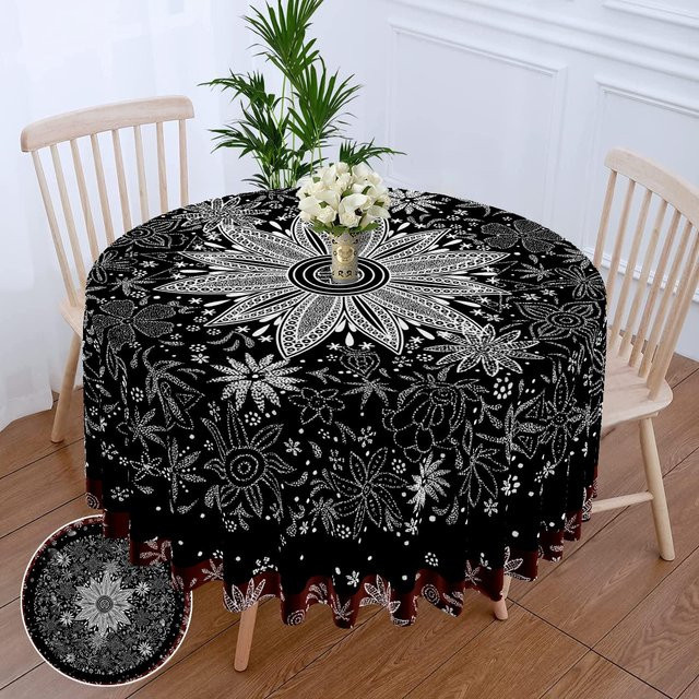 Wasserdichte runde Tischdecke mit Mandala-Muster in Schwarz, Durchmesser: 160 cm - Bild 1