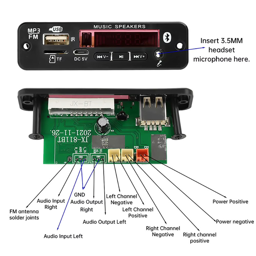 Gaqqee Bluetooth-Decoder-Board mit Verstärker, MP3/FM-Decoder und Aufnahme- sowie Anruffunktion, DC 6-18V, 2x20W, Schwarz - Bild 4